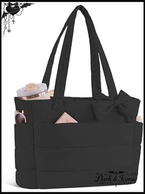 Quilted Puffer Bow Tote Bag with Laptop Compartment and Cup Holder